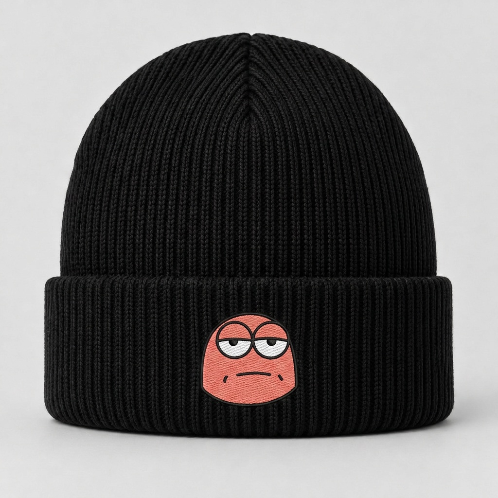 Black knit beanie embroidered with the original sleepy-eyed Fonziponzi character