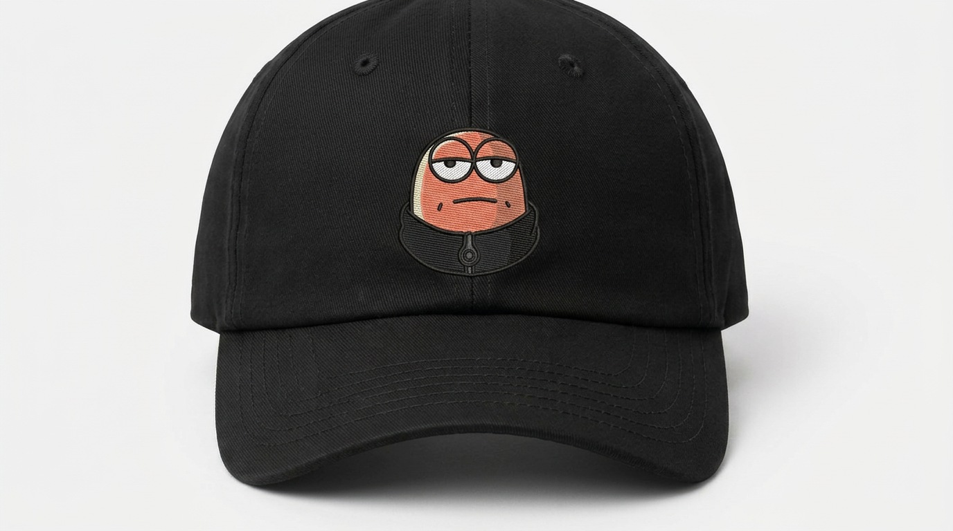 Black cap embroidered with the original sleepy-eyed Fonziponzi character