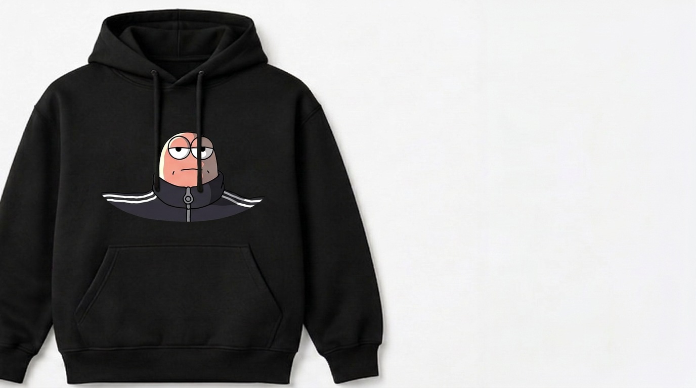 Black hoodie with the original sleepy-eyed Fonziponzi character print