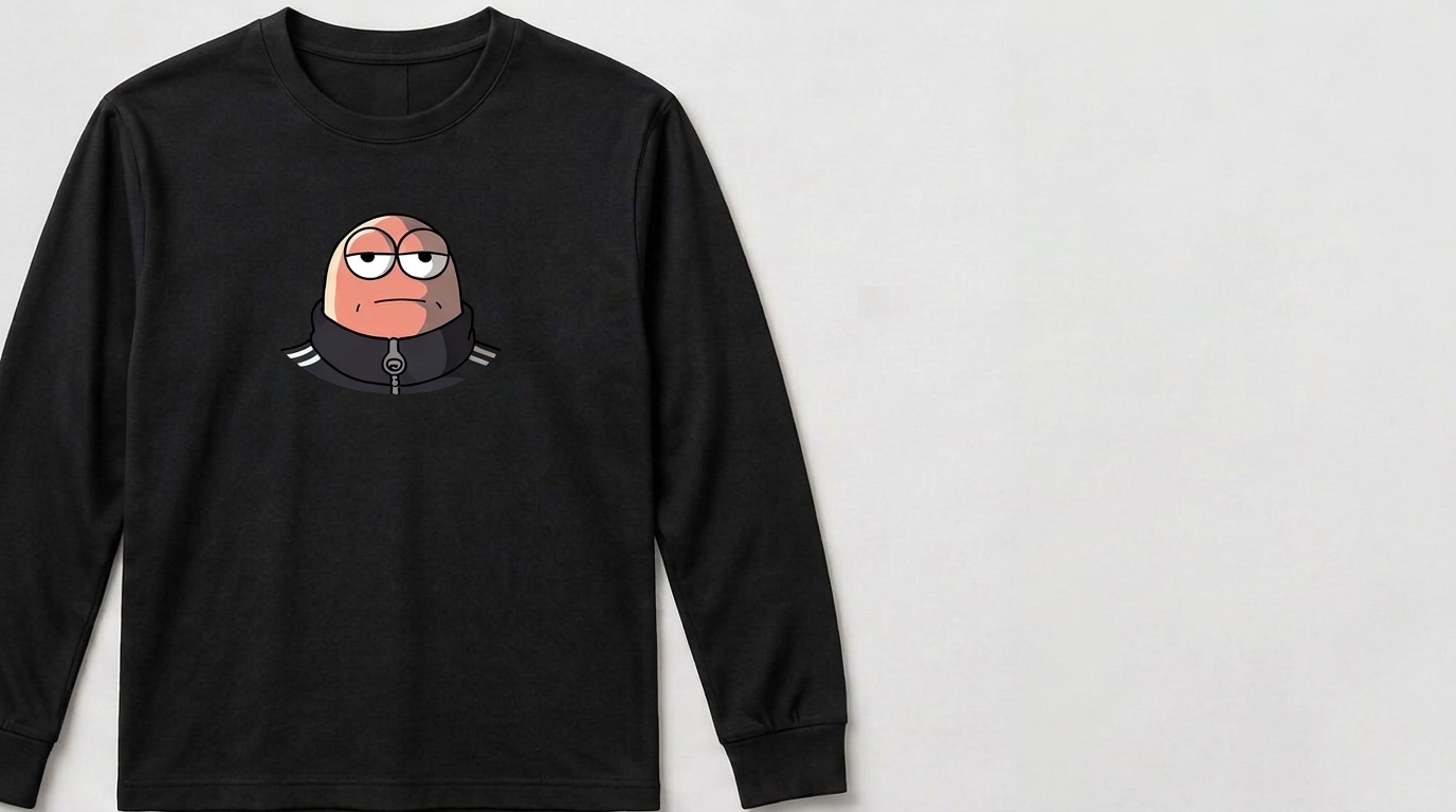 Black long-sleeve shirt with the original sleepy-eyed Fonziponzi character print