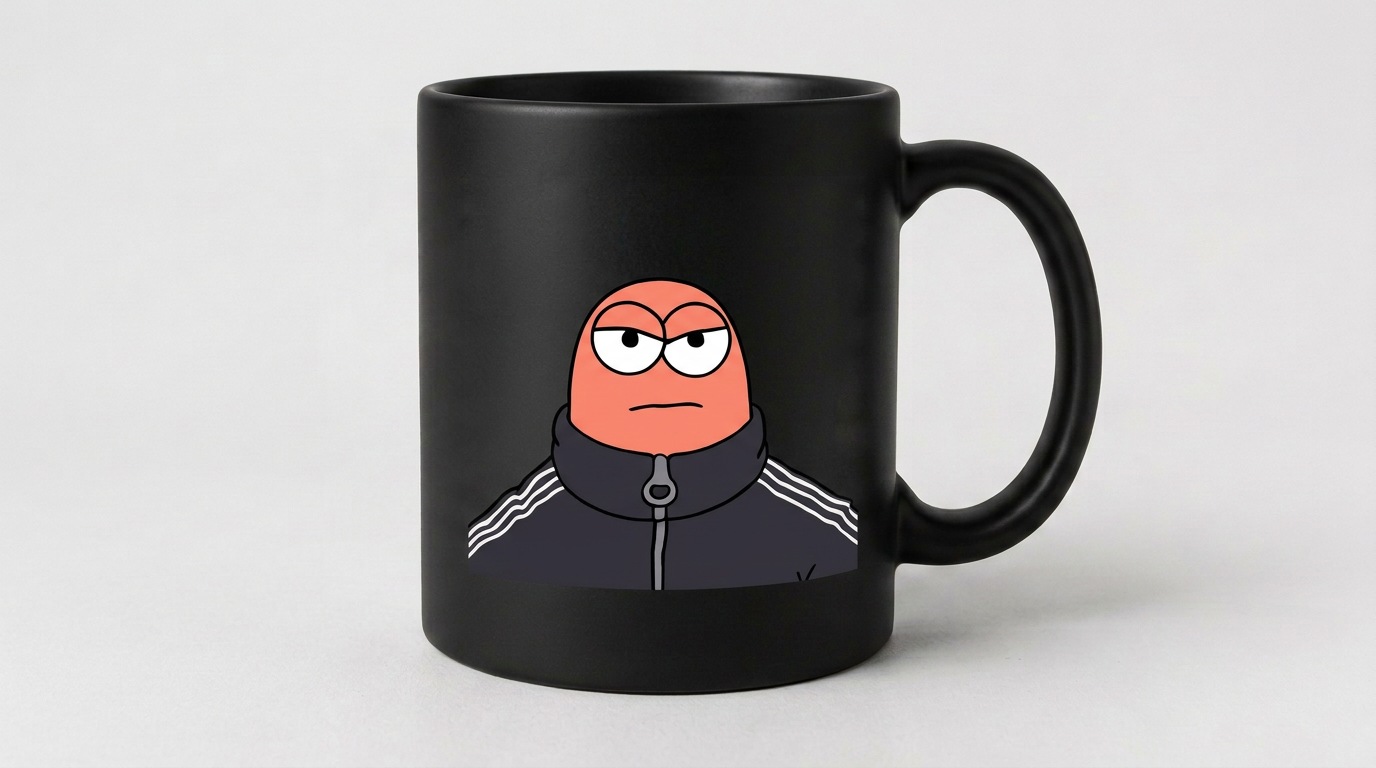 Black mug with the original sleepy-eyed Fonziponzi character print