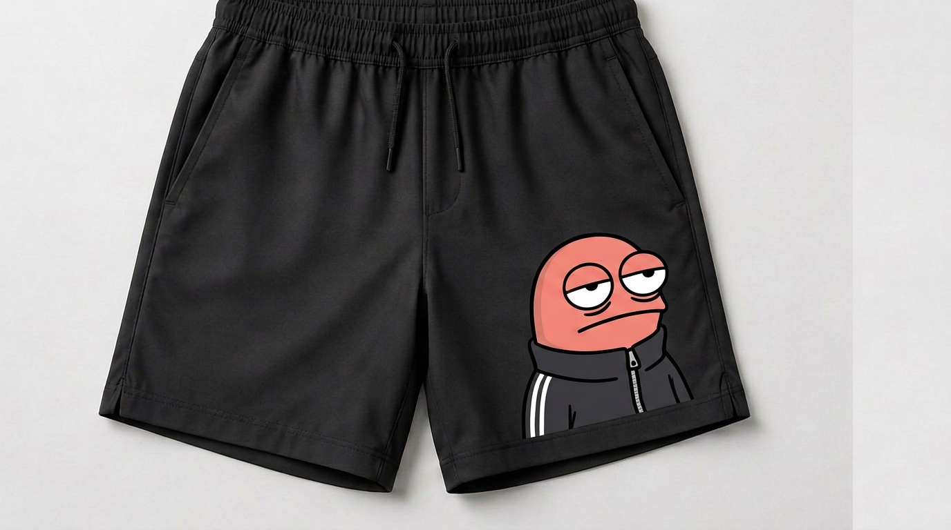 Black shorts with the original sleepy-eyed Fonziponzi character print