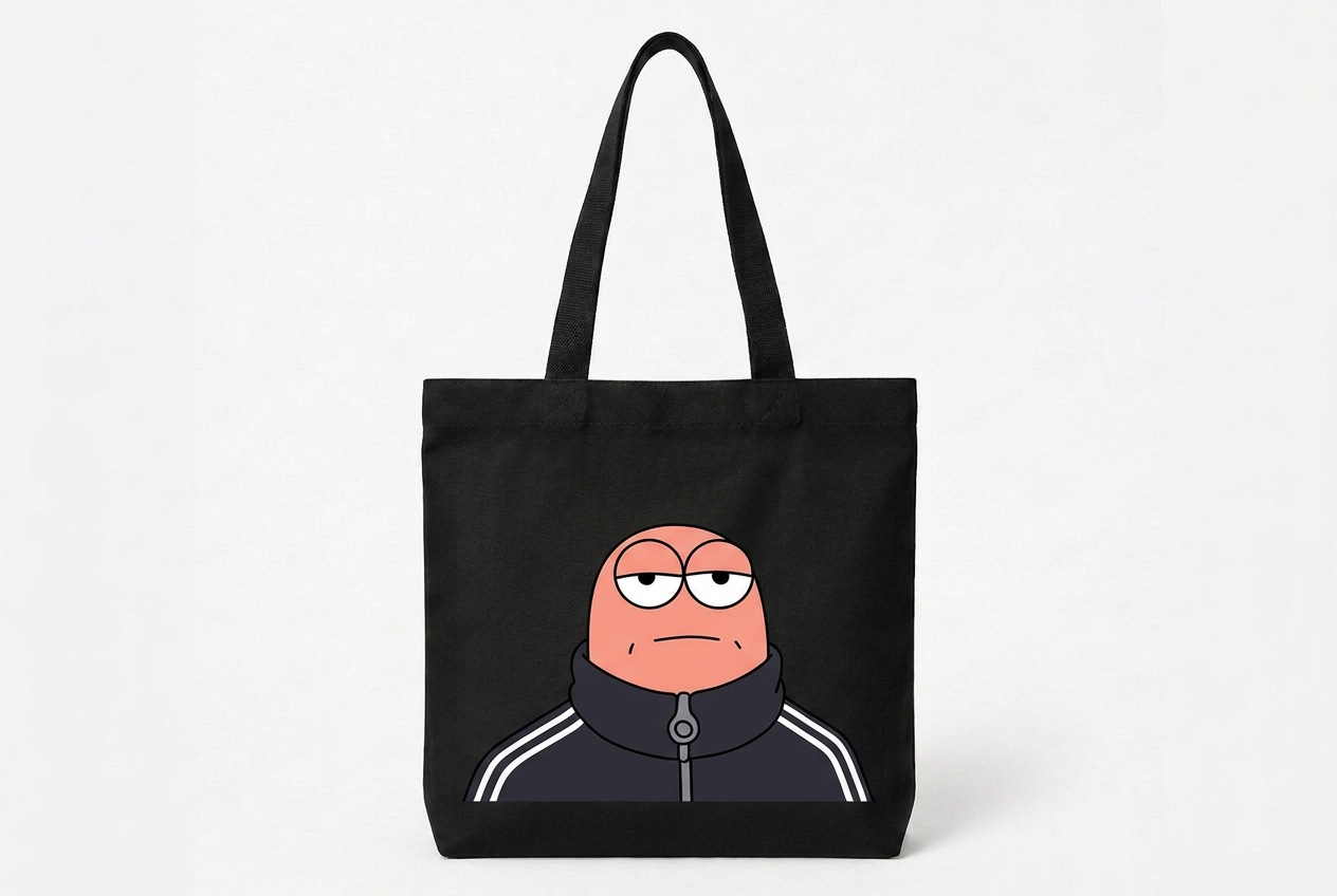 Black tote bag with the original sleepy-eyed Fonziponzi character print