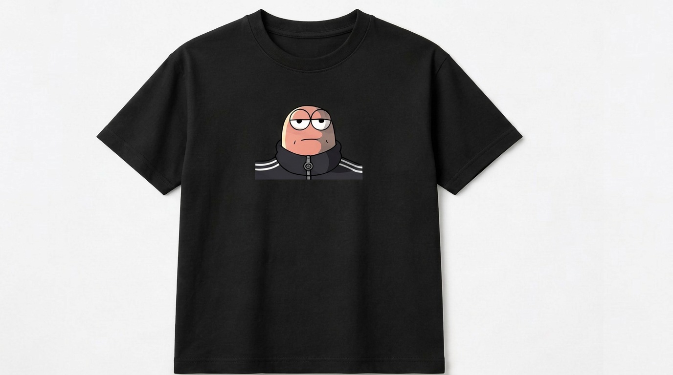 Black T-shirt with the original sleepy-eyed Fonziponzi character print